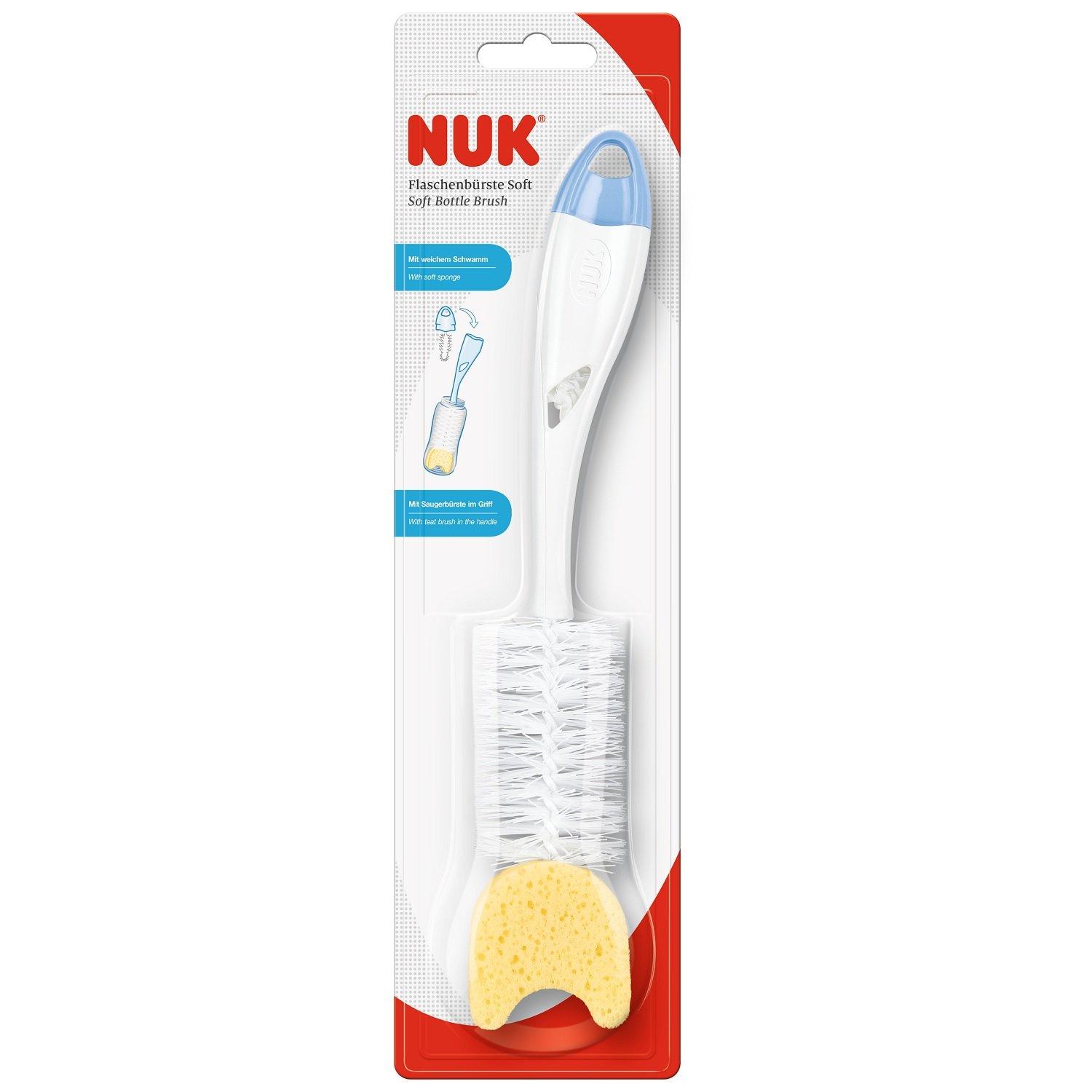 Ершик для бутылочек 2 в 1 с губкой голубой, Nuk, 100 гр., картон