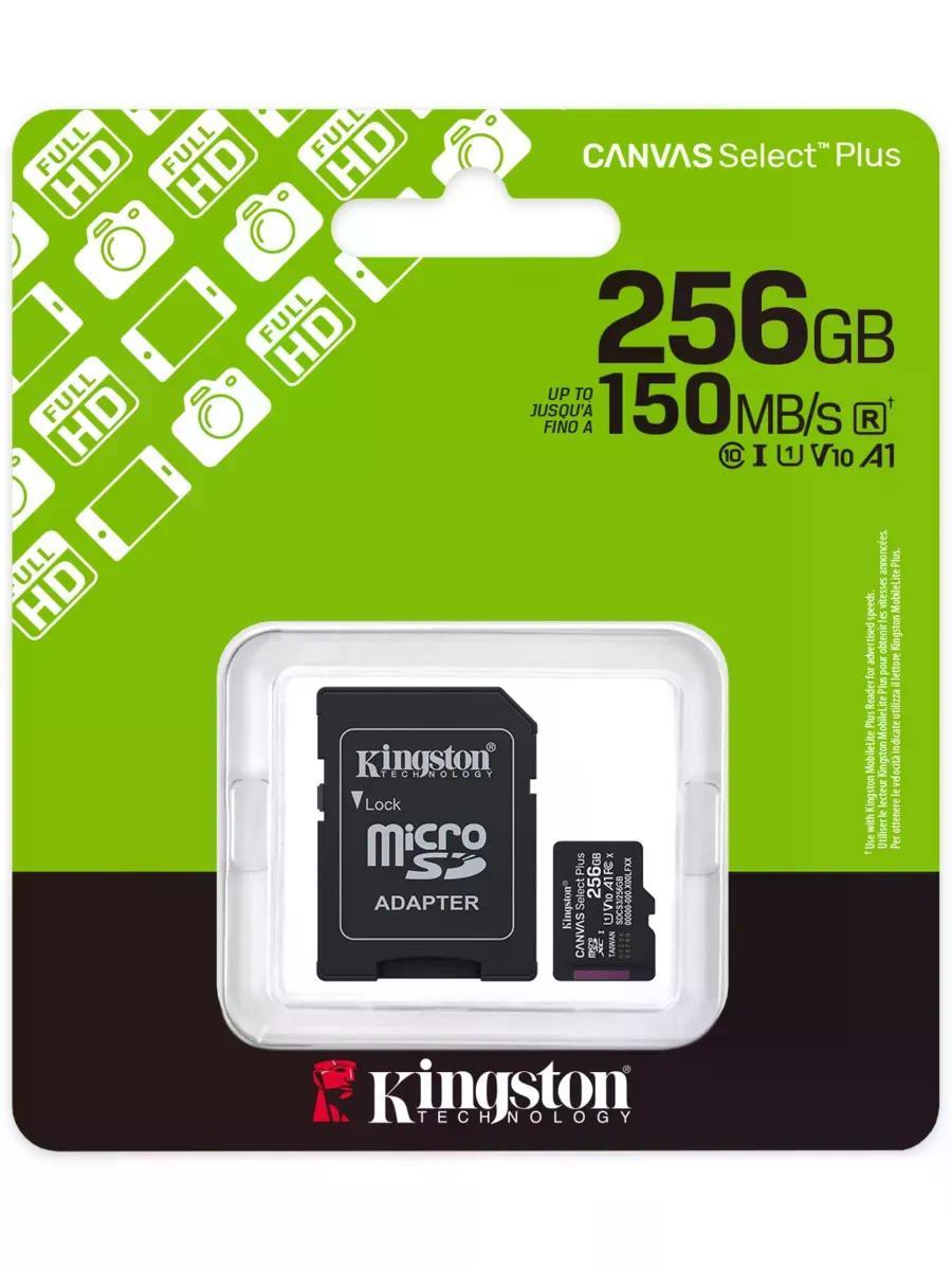 Карта памяти microSDXC UHS-I U1 Kingston Canvas Select Plus 256 ГБ, 150 МБ/с, Class 10, SDCS3/256GB, 1 шт., переходник SD