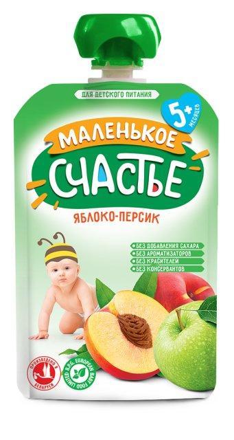 Пюре Яблоко-Персик Маленькое счастье, 90 гр., дой-пак с дозатором