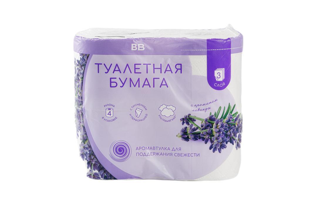 Бумага туалетная ВкусВилл , лаванда, 3 слоя, 4 рулона, 425 гр., картон