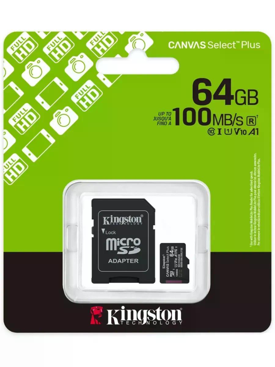 Карта памяти microSDXC UHS-I U1 Kingston Canvas Select Plus 64 ГБ, 100 МБ/с, Class 10, SDCS3/64GB, 1 шт., переходник SD
