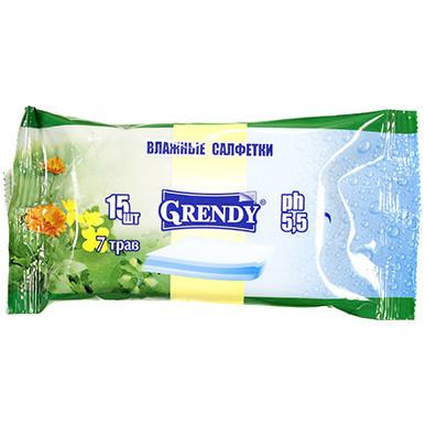 Влажные салфетки Grendy 7 трав 15 штук, флоу-пак