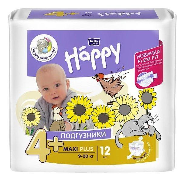 Подгузники 4+ макси плюс (9-20 кг.) 12 шт., Bella Baby Happy