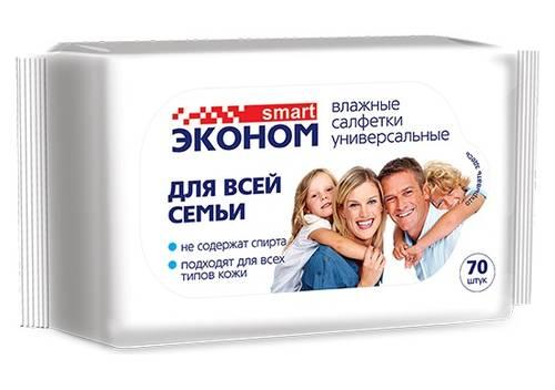 Салфетки влажные универсальные для всей семьи, 70 шт., Эконом smart, флоу-пак
