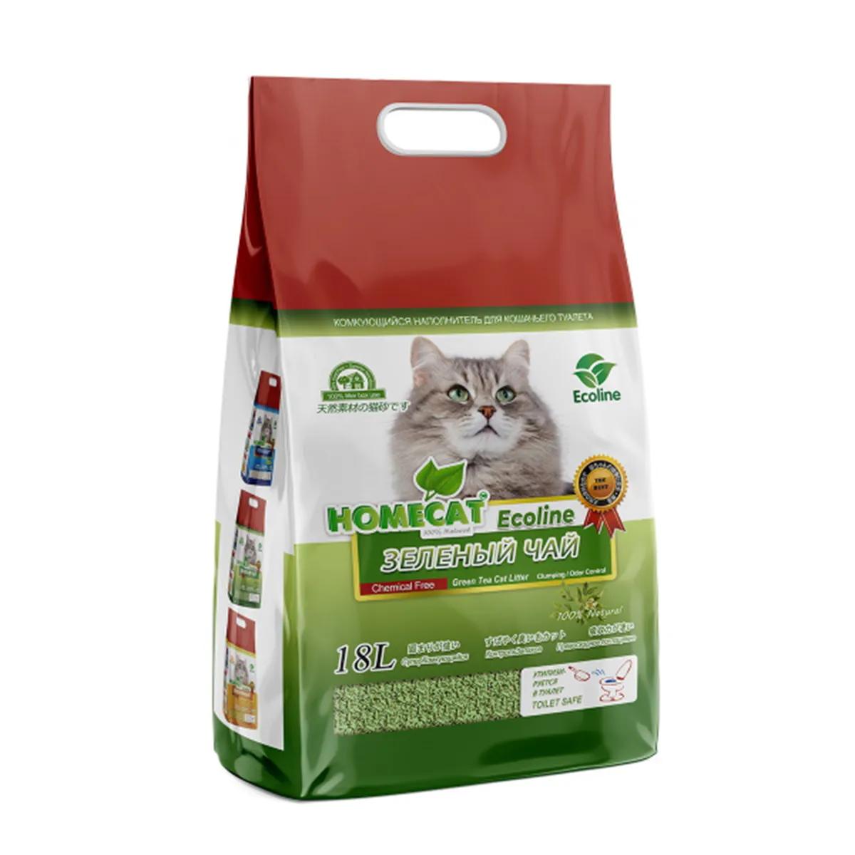 Наполнитель Homecat для кошачьего туалета Эколайн. Зеленый чай, комкующийся, 18 л., пакет