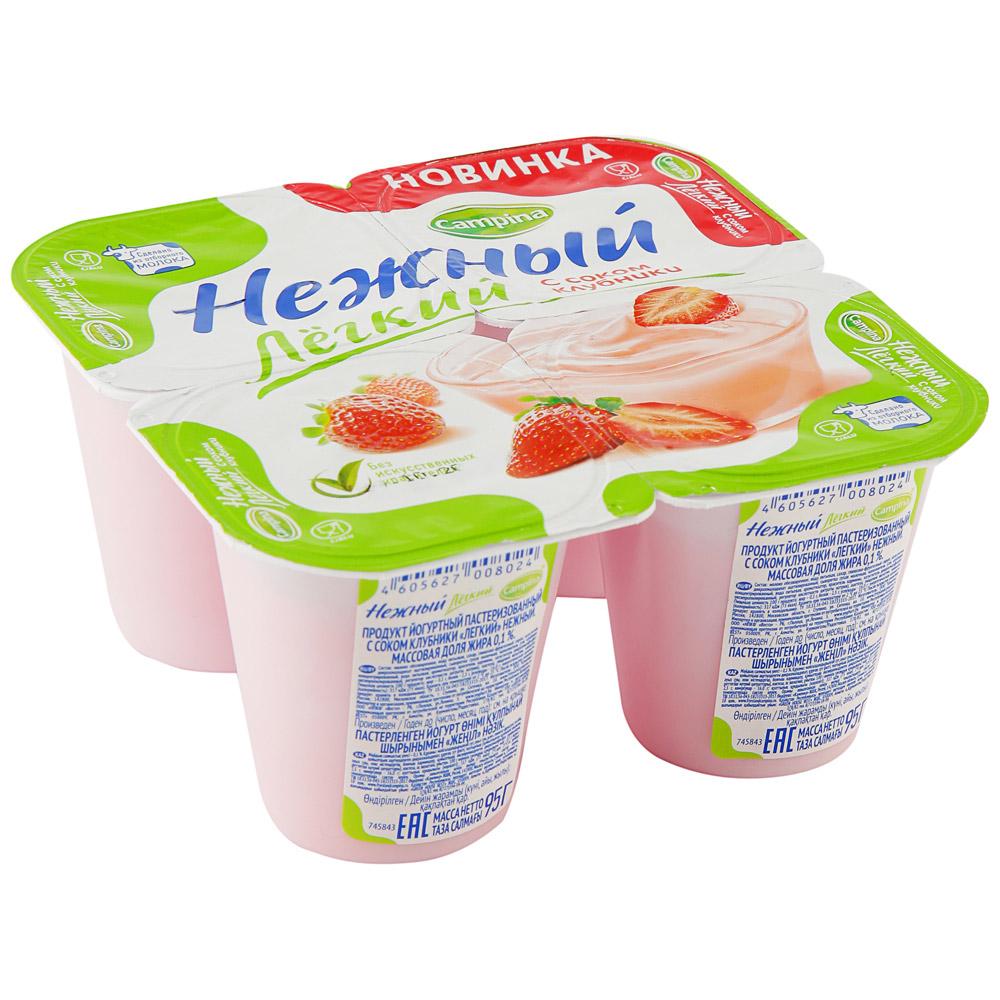 Продукт йогуртный с соком клубники легкий 0.1% Campina Нежный, 95 гр., пластиковый стакан