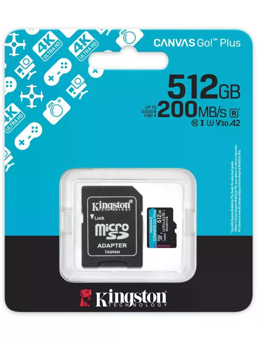 Карта памяти microSDXC UHS-I U3 Kingston Canvas Go! Plus 512 ГБ, 200 МБ/с, Class 10, SDCG4/512GB, 1 шт., переходник SD