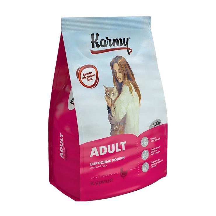 Корм для взрослых кошек сухой Karmy Эдалт курица 400 гр., флоу-пак
