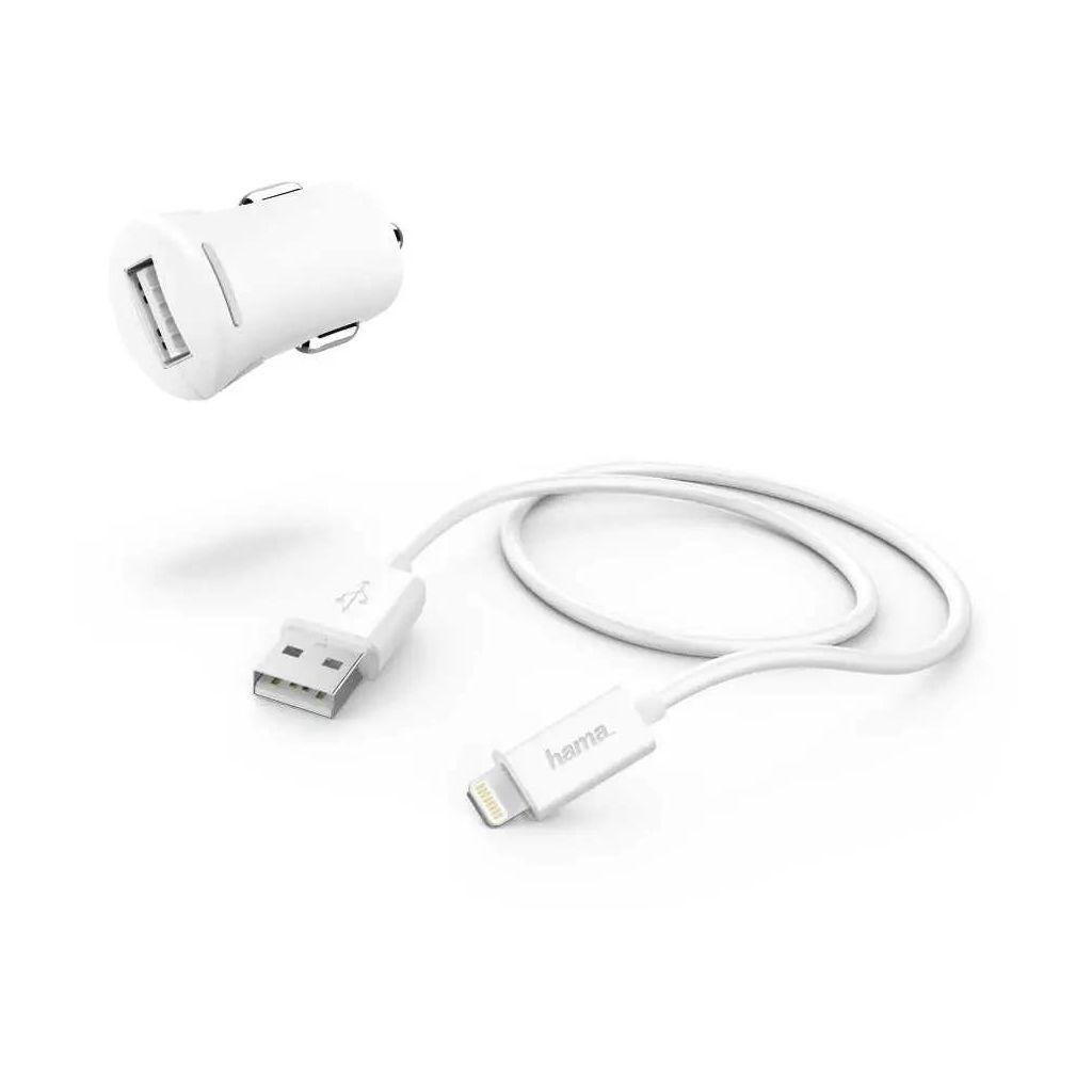 Автомобильное зарядное устройство HAMA H-183266, USB-A, 8-pin Lightning, 12Вт, 2.4A, белый [00183266]