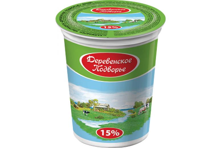 Продукт со сметаной Деревенское Подворье на закваске 15%, 500 гр., пластиковый стакан