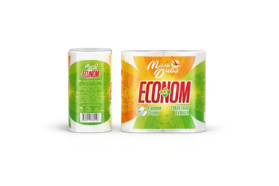 Бумага МальДива ECONOM туалетная 2 слоя 4 рулона х 15 метров, флоу-пак