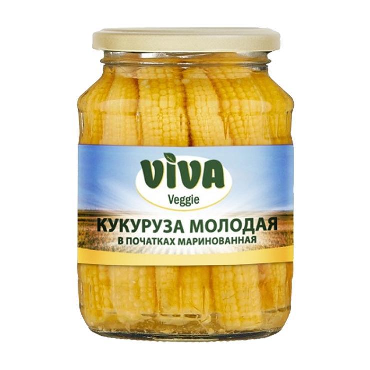 Кукуруза VIVA Veggie молодая в початках маринованная 370 гр., стекло