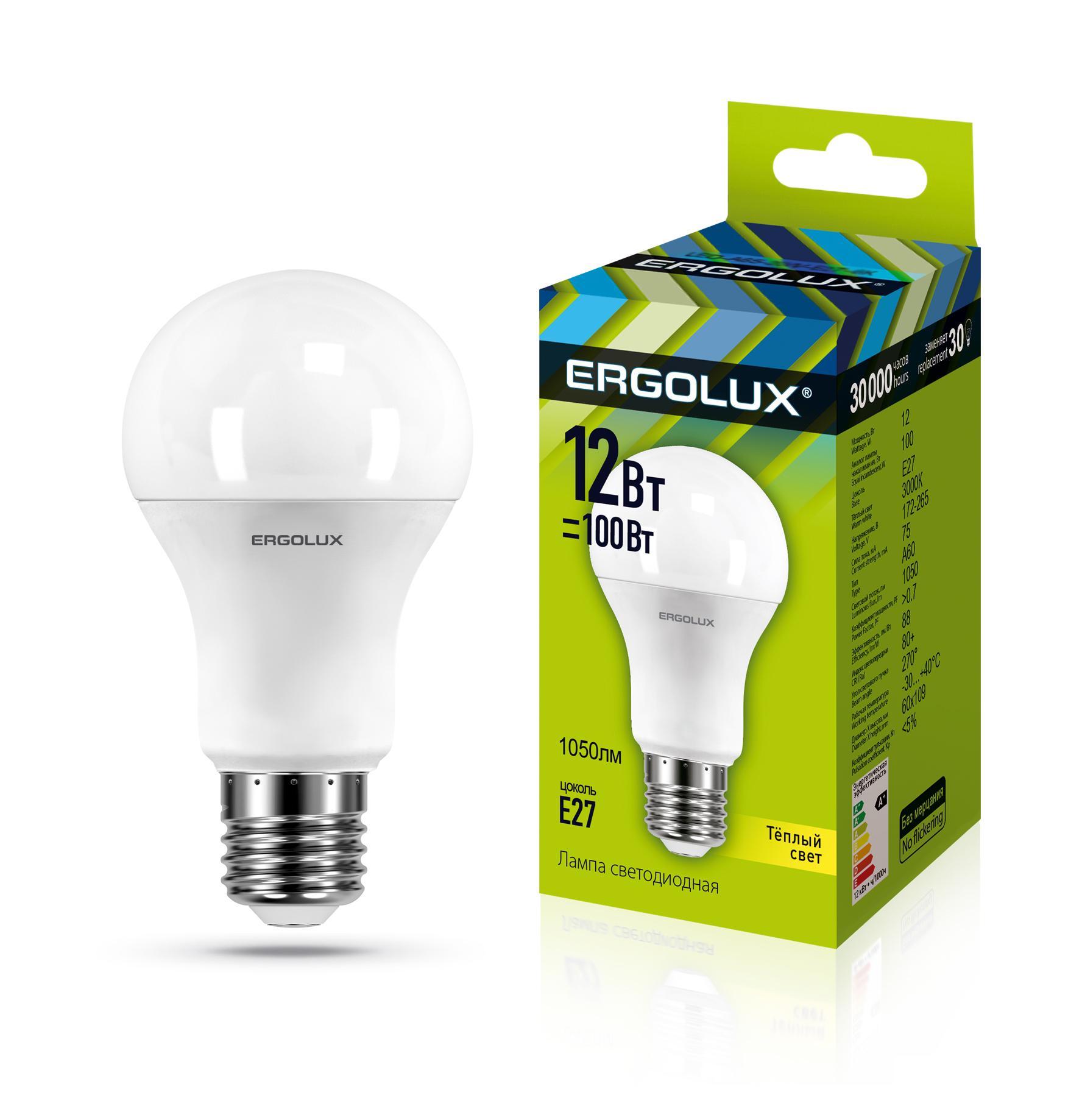 Лампа Ergolux LED-A60-12W-E27-3K (12Вт E273000K) ЛОН 1шт, картон