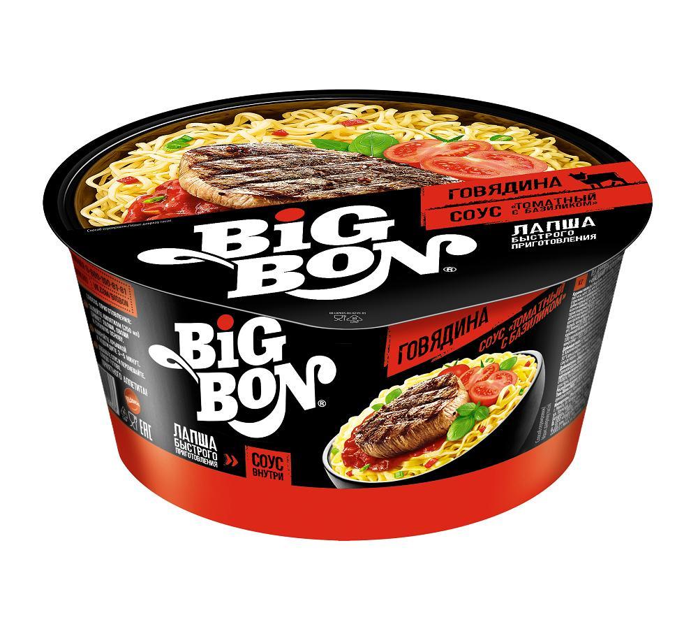 Лапша быстрого приготовленияа Big Bon вкус говядина + соус томатный с базиликом, 85 гр., стакан