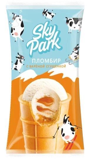 Мороженое пломбир Sky Park с ароматом ванили с вареной сгущенкой в вафельном стаканчике 12% 90 гр., флоу-пак
