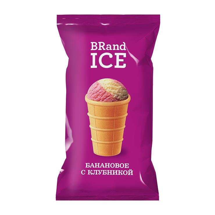 Мороженое пломбир BRandICE банан с клубникой в вафельном стаканчике 70 гр., флоу-пак