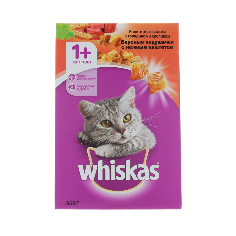 Корм для кошек сухой Whiskas вкусные подушечкис нежным паштетом с говядиной и кроликом 350 гр., картон