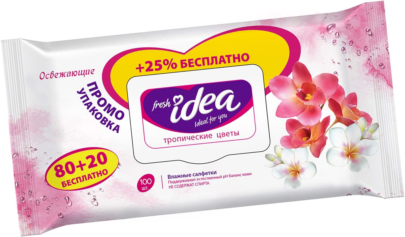 Влажные салфетки Fresh idea Тропические цветы с крышкой 100 шт., флоу-пак