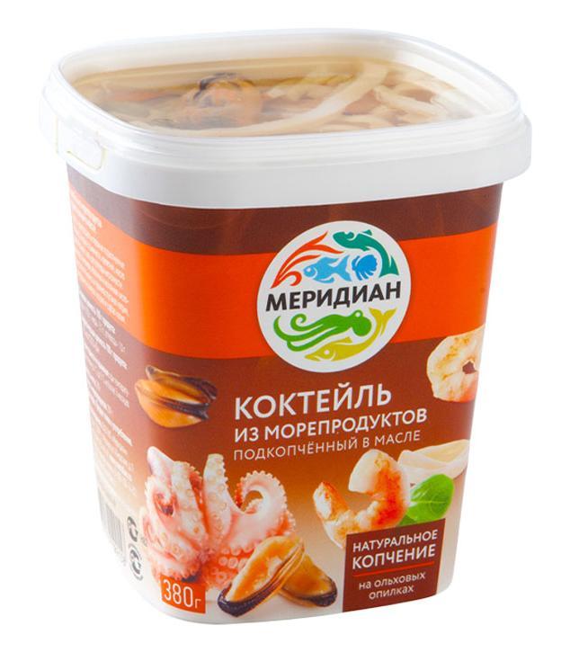 Коктейль Меридиан из морепродуктов подкопченный в масле 380 гр., пластиковый контейнеровый контейнер