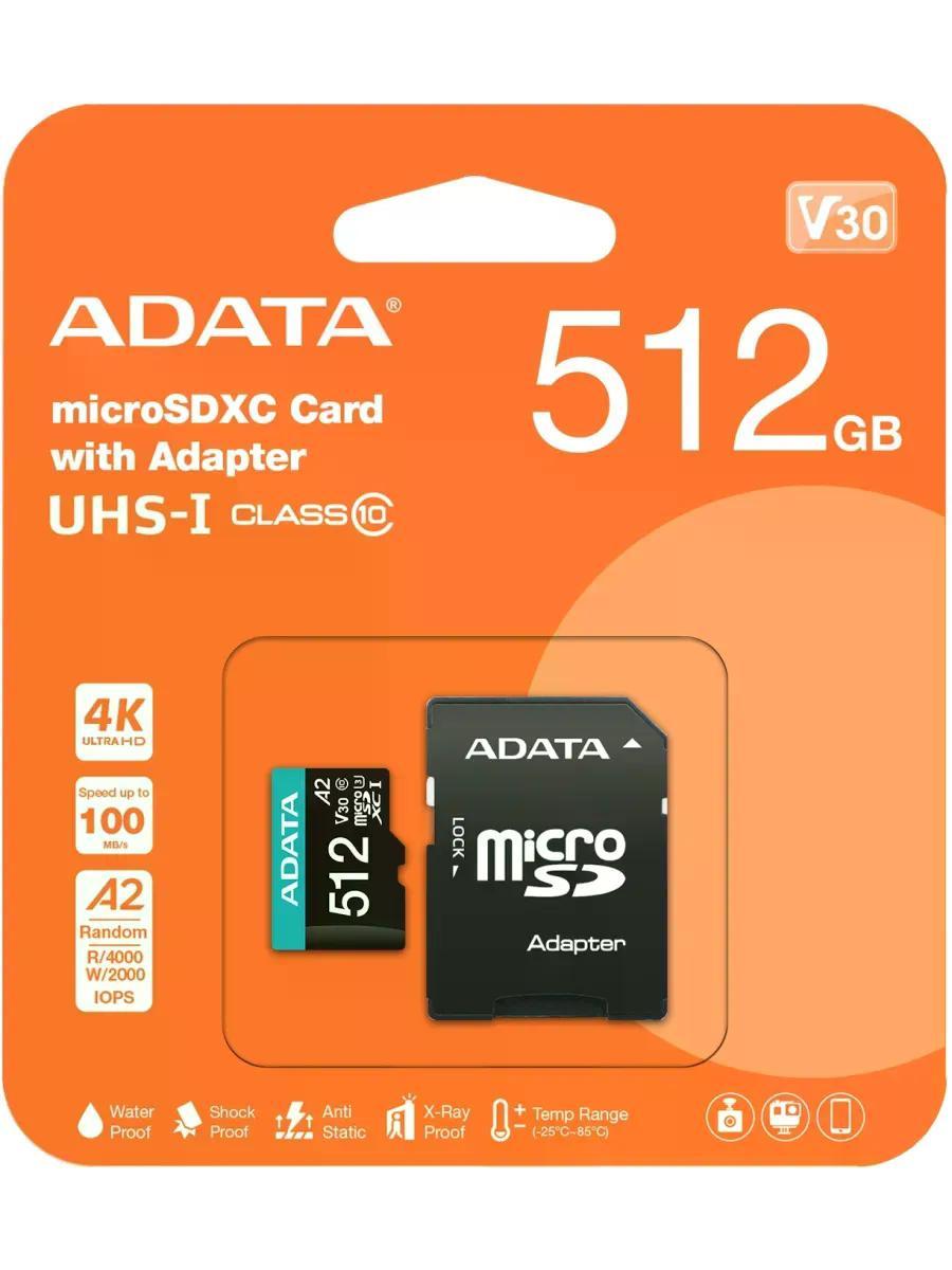 Карта памяти microSDXC UHS-I U3 Adata Premier Pro 512 ГБ, 100 МБ/с, Class 10, AUSDX512GUI3V30SA2-RA1, 1 шт., переходник SD