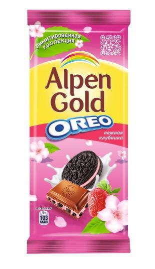 Шоколад Alpen Gold Oreo молочный клубника и печенье 90 гр., флоу-пак