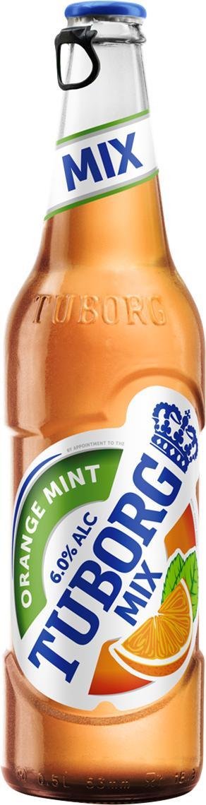 Напиток пивной Tuborg Mix Микс апельсин мята светлый фильтрованный пастеризованный 6% 480 мл., стекло