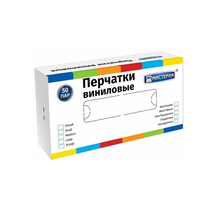 Перчатки Мистерия без талька размер L винил прозрачные 50 пар, картон