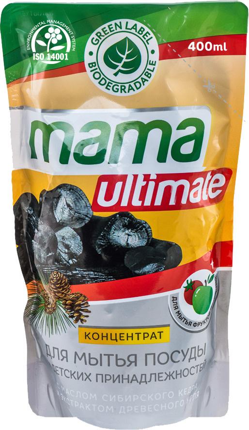Средство для мытья посуды концентрат Mama Ultimate Reffil Кедр, Уголь, концентрат, 400 мл., дой-пак