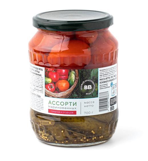 Ассорти овощное ВкусВилл томаты и огурцы маринованные 700 гр., стекло
