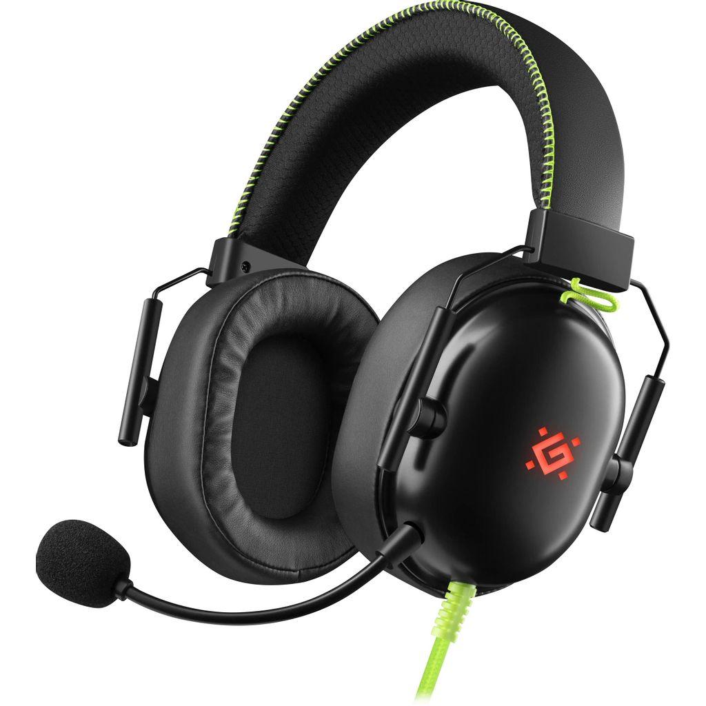 Гарнитура игровая Defender Toxic, для компьютера/мобильных устройств, накладные, проводные, черный / зеленый [64552]