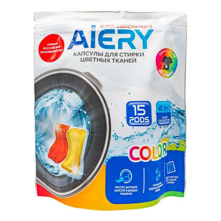 Капсулы для стирки Aiery для цветного белья 4 в 1 15 шт., дой-пак