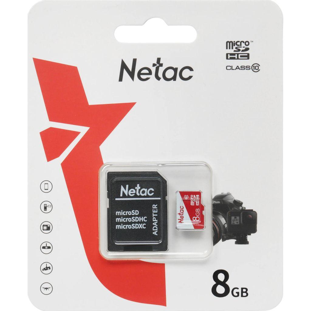 Карта памяти microSDHC UHS-I U1 NETAC P500 Eco 8 ГБ, 90 МБ/с, Class 10, NT02P500ECO-008G-R, 1 шт., переходник SD