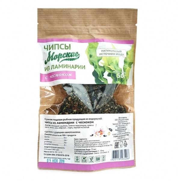 Чипсы морские из ламинарии с чесноком, Здоровцов, 50 гр, дой-пак