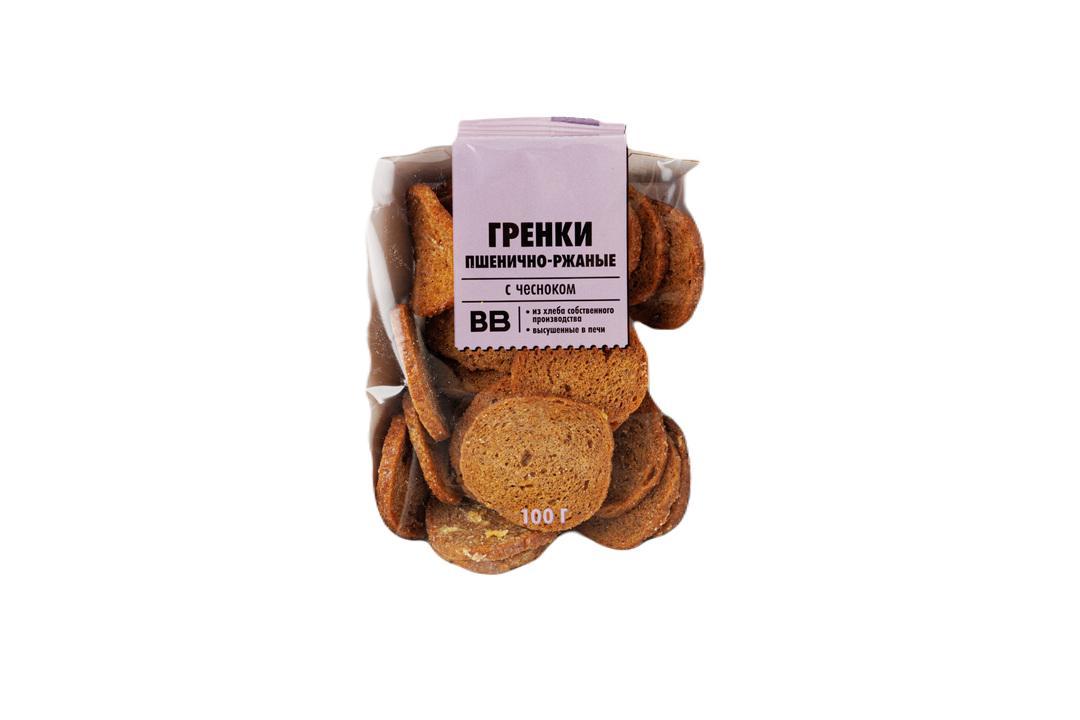 Гренки ВкусВилл пшенично-ржаные с чесноком, 100 гр., картон