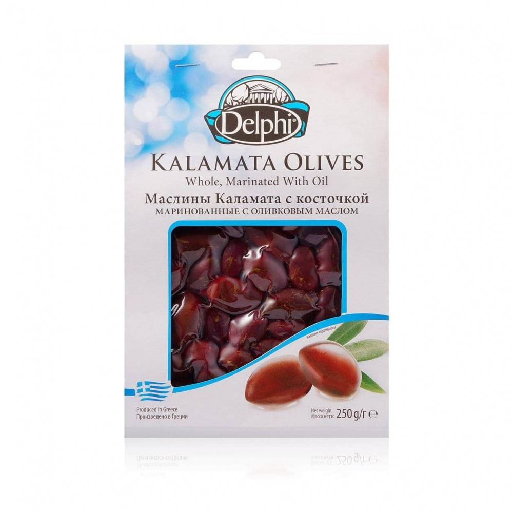 Маслины Delphi каламата с косточкой маринованные с оливковым маслом 250 гр., картон