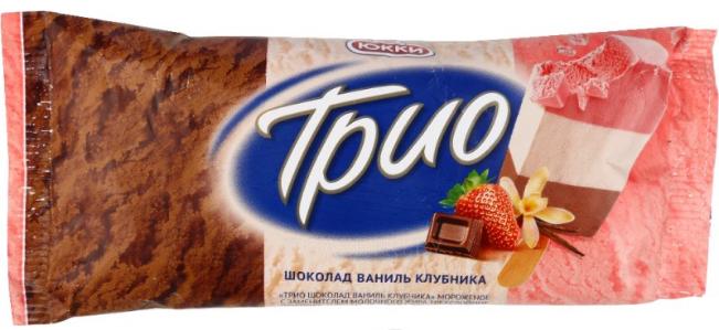 Мороженое эскимо Юкки трио шоколад ваниль клубника молочное 65 гр., флоу-пак