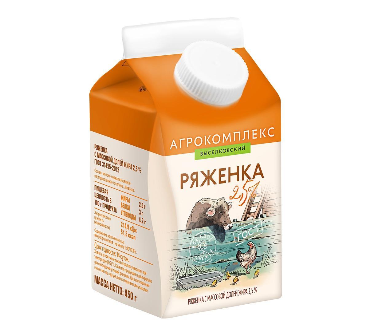 Ряженка Агрокомплекс с м.д.ж.2,5 %, 450 гр., пюр-пак