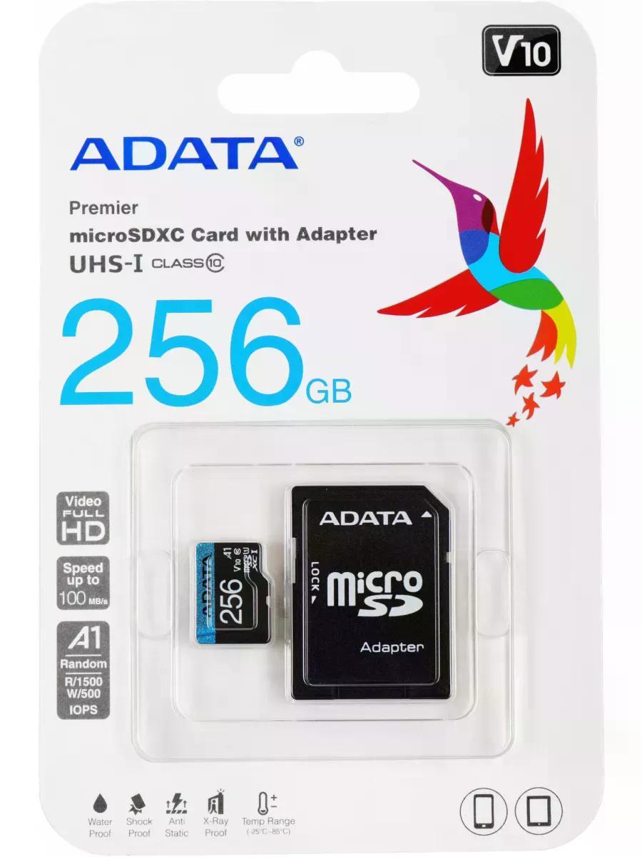 Карта памяти microSDXC UHS-I U1 Adata Premier 256 ГБ, 100 МБ/с, 10X, Class 10, AUSDX256GUICL10A1-RA1, 1 шт., переходник SD