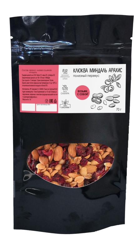 Ягодно-ореховая смесь QUEENs GRANOLA Клюква миндаль арахис 70 гр., дой-пак