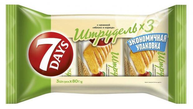 Штрудель 7 Days с начинкой яблоко корица 3 штуки 240 гр., флоу-пак