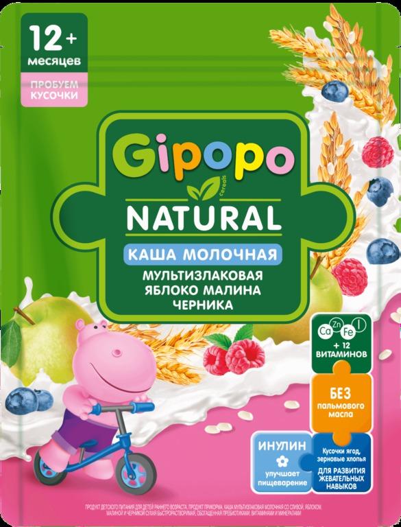 Каша GIPOPO сухая молочная Мультизлаковая с кусочками Яблоко, малина и черная смородина, 200 гр., дой-пак