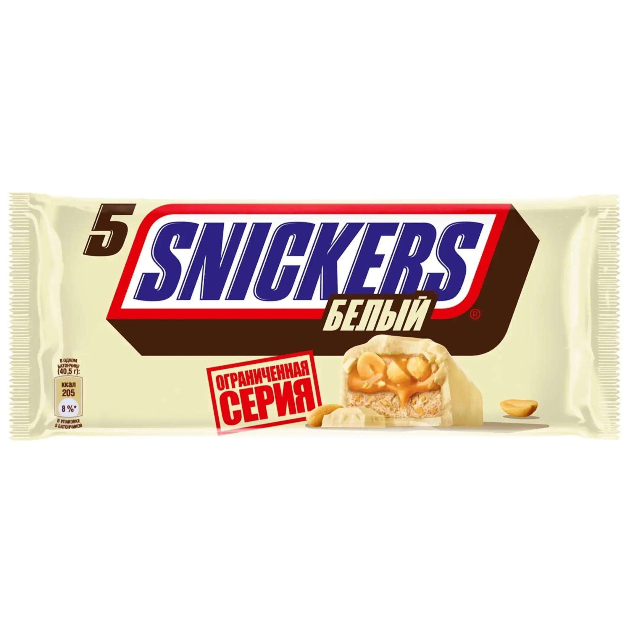 Батончик шоколадный Snickers Белый с карамелью, арахисом и нугой, пачка 5 штук по 40,5 гр., флоу-пак