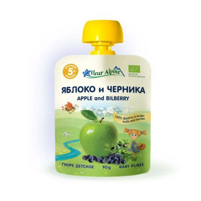 Пюре Fleur Alpine яблоко и черника с 5 месяцев, 90 гр., дой-пак