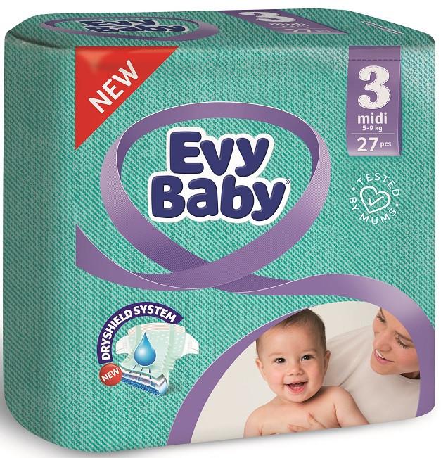 Подгузники 5-9 кг, 27 шт., Evy Baby Midi Standart 3, пластиковый пакет