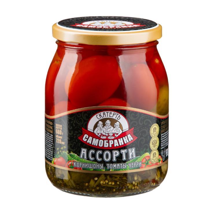 Ассорти из томатов черри и корнишонов Скатерть-Самобранка 720 гр., стекло