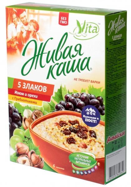 Живая каша Vita 5 злаков с изюмом и орехами 6 шт.