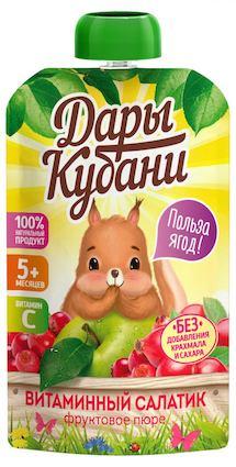 Пюре фруктовое из яблок,шиповника,клюквы, витаминный салатик Дары Кубани, 90 гр., дой-пак с дозатором