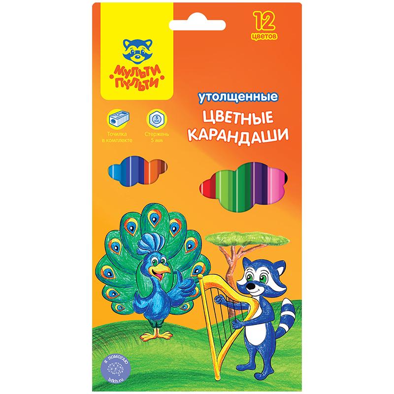 Карандаши цветные Мульти-Пульти Енот в саванне, 12цв., утолщ., заточен., картон, европ.,с точилкой