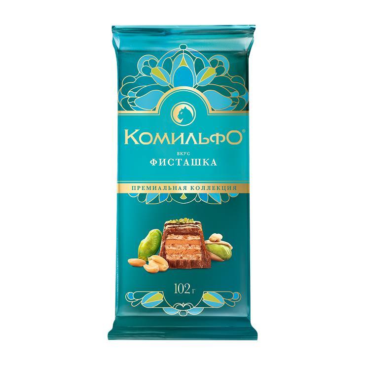 Шоколад КОМИЛЬФО молочный и белый со вкусом фисташки 102 гр., флоу-пак