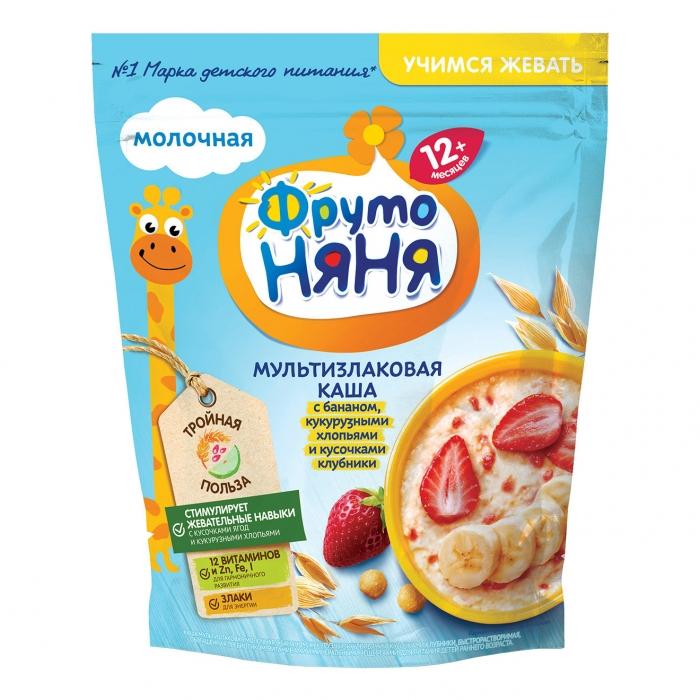 Каша ФрутоНяня молочная мультизлаковая банан кукур. хлопья клубника, 200 гр., дой-пак